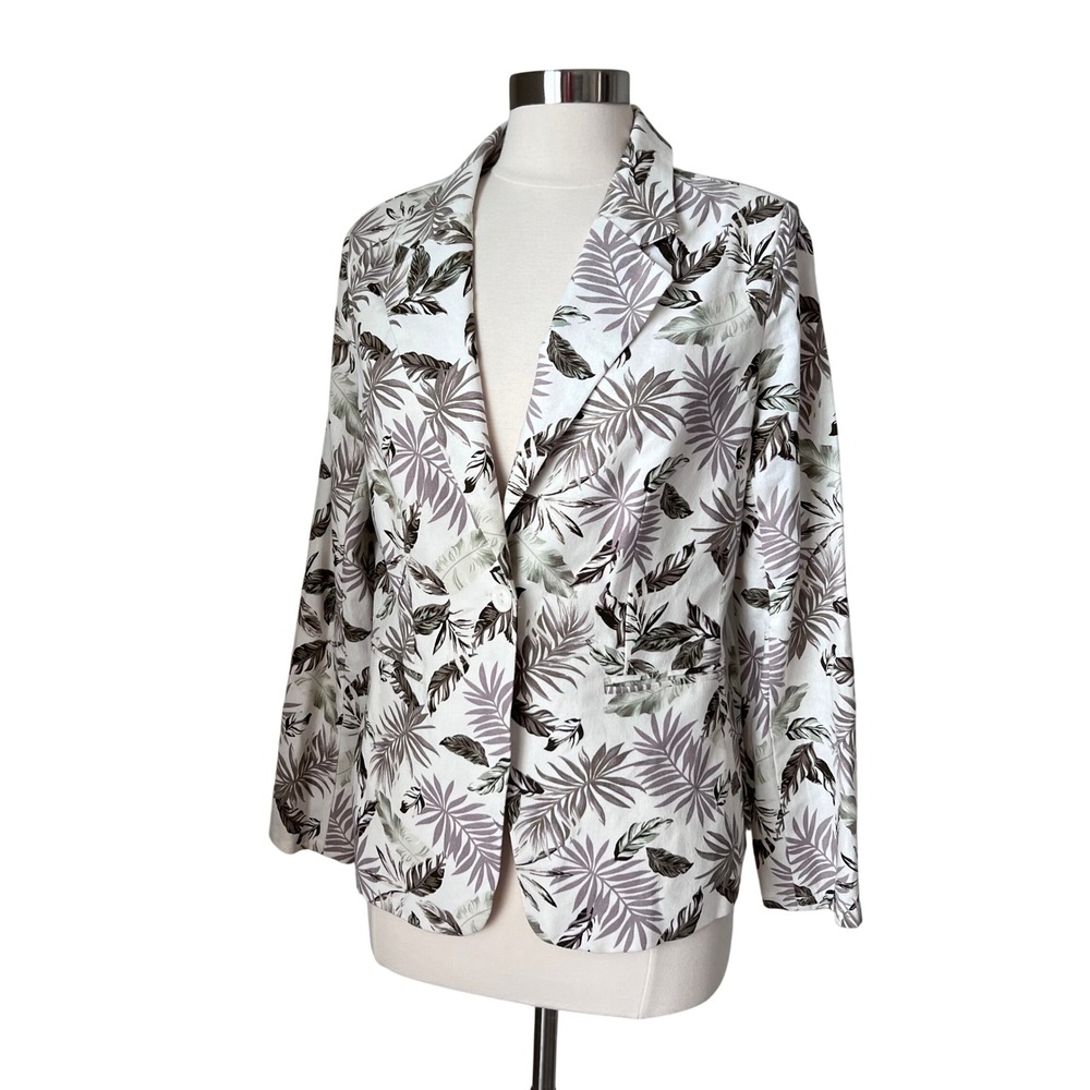 SOLITAIRE Women's Linen Blend Tropical Leaf Print One Button Blazer Jacket Large